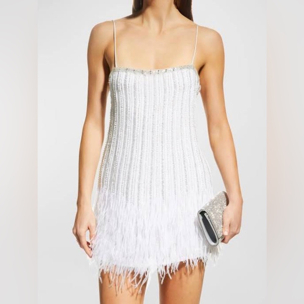 Retrofete Rubina Beaded Feather-Hem Mini Dress
